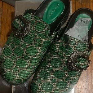 Green Patterned Mules with Buckle Detail